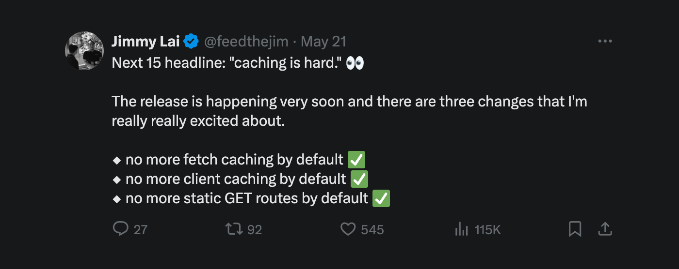 Twitter post from Jimmy Lai teasing Next.js 15