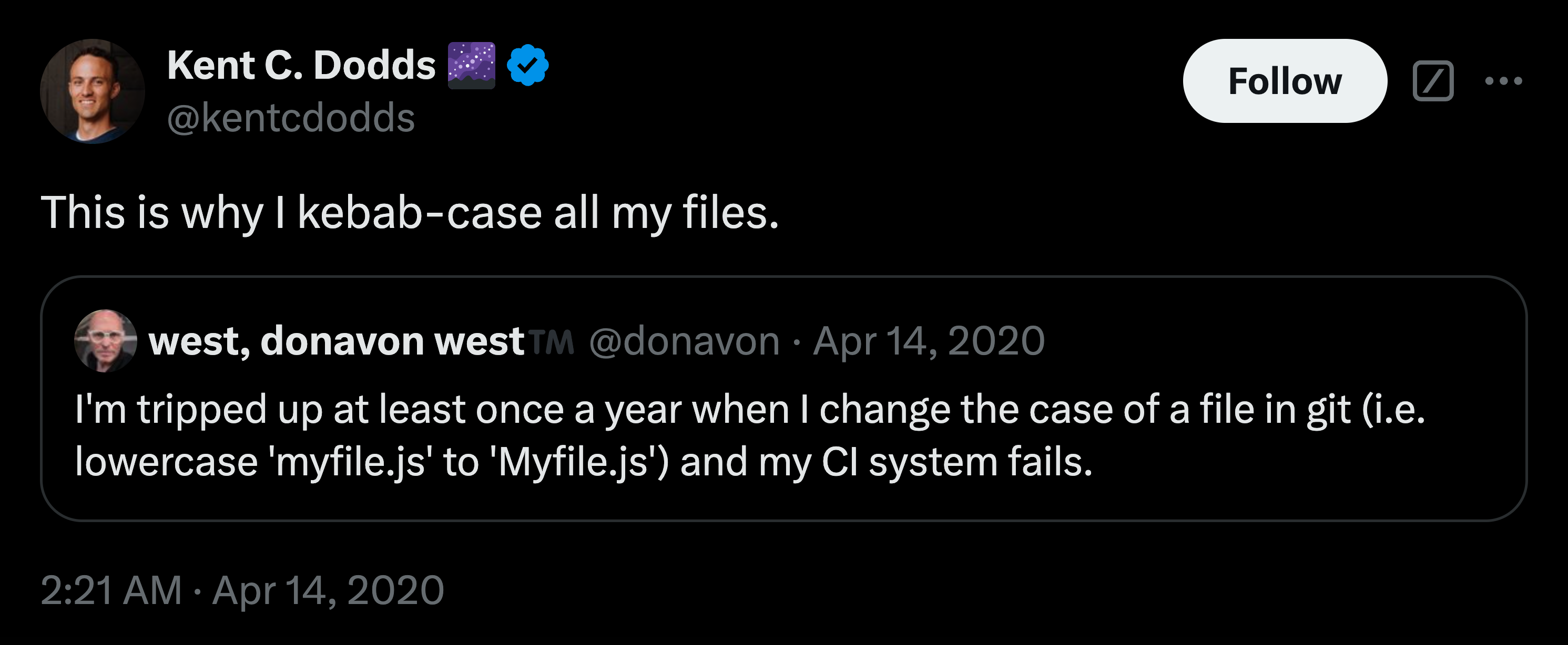 Twitter post from Kent C. Dodds about file naming conventions